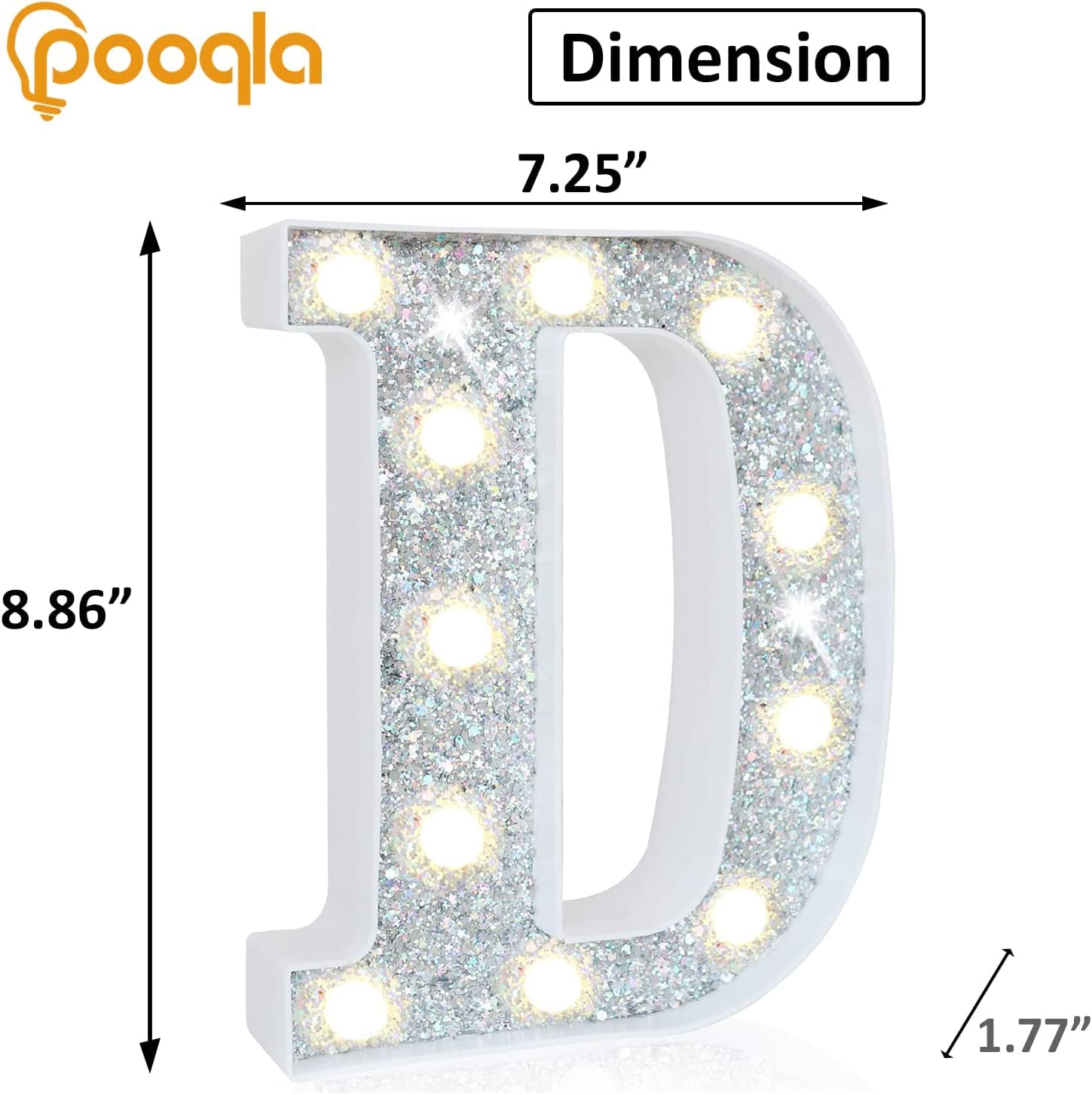 Pooqla LED Marquee Letter Light, Silver, RGB Colors, Model S-RGB Silver-D, Battery Operated, Decorative Night Light for Parties