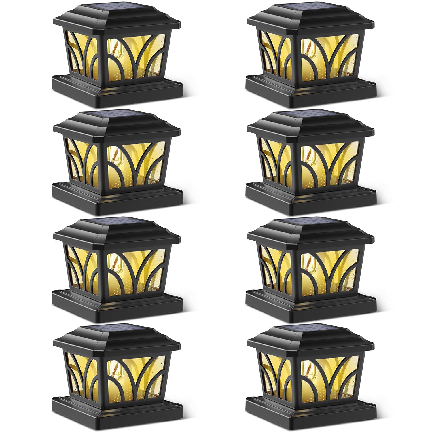 SIEDiNLAR Solar Post Cap Lights, Aluminum Glass, 2 Modes, 8 Pack, Black, Model SD026B-8PK