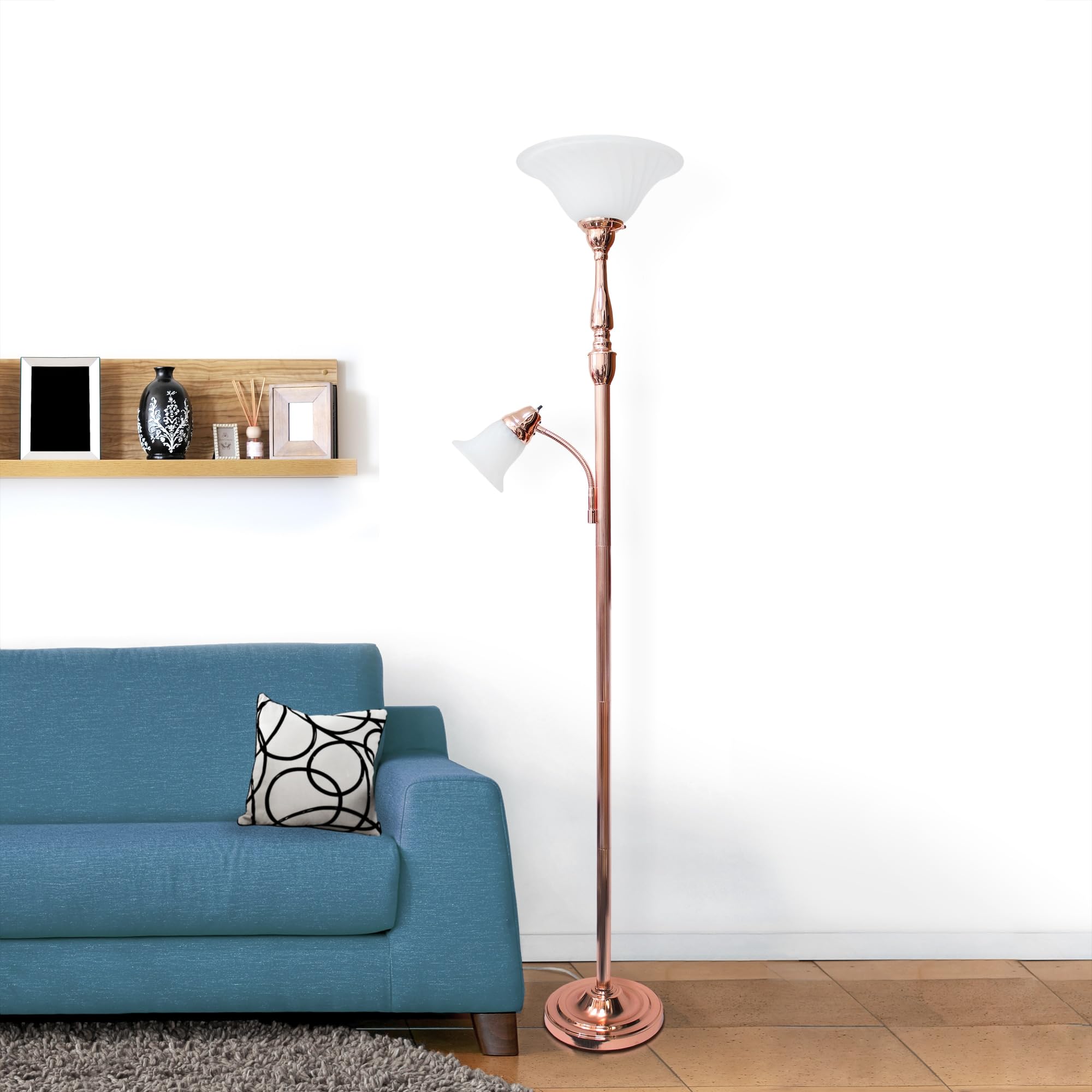 Elegant Designs LF2003-RGD 2 Light Mother Daughter White Marble Glass Floor Lamp  Rose Gold