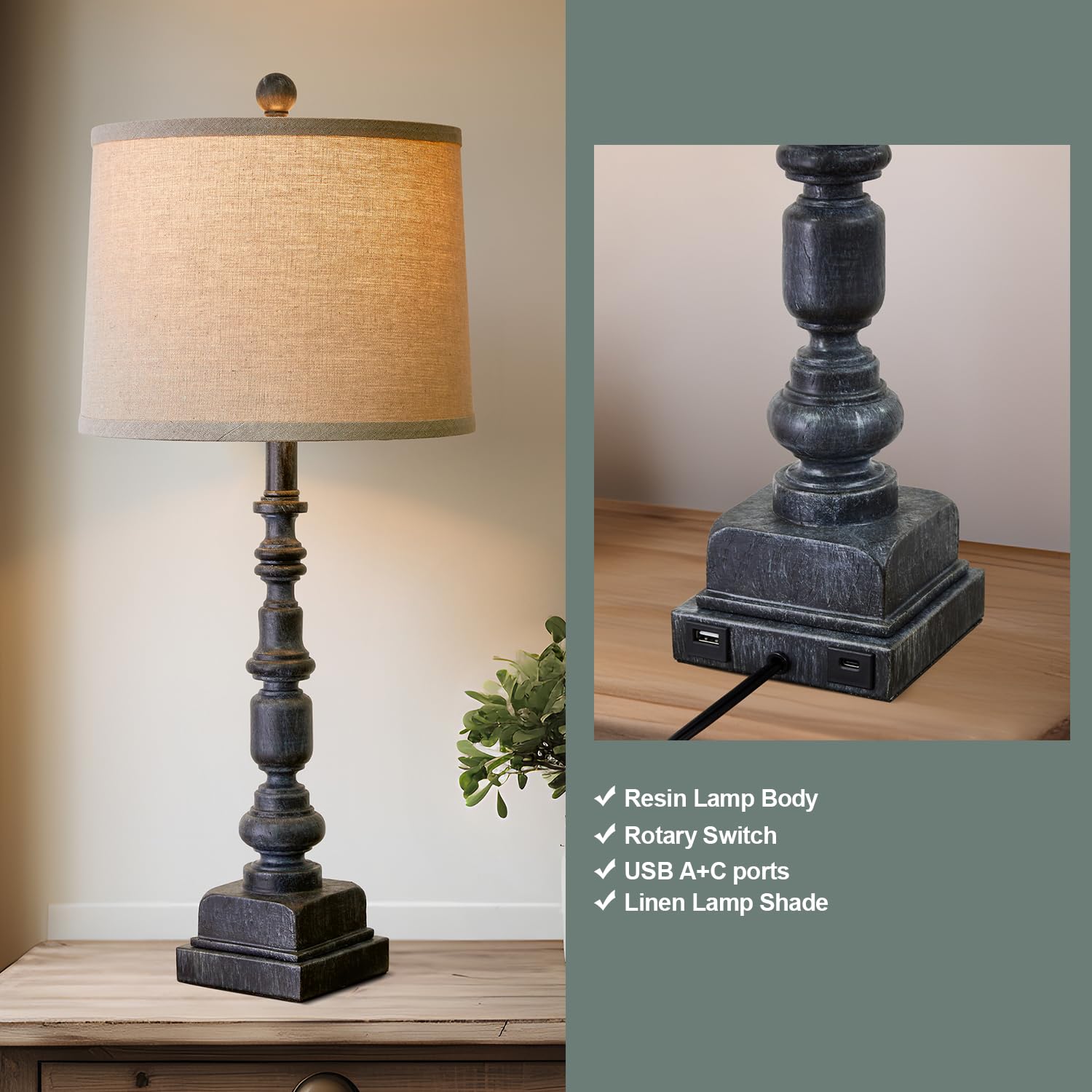 Oneach Vintage Farmhouse Usb Table Lamps Set Of 2, 27.75”, Antique Black Resin, Traditional Nightstand Lighting For Living Room & Bedroom