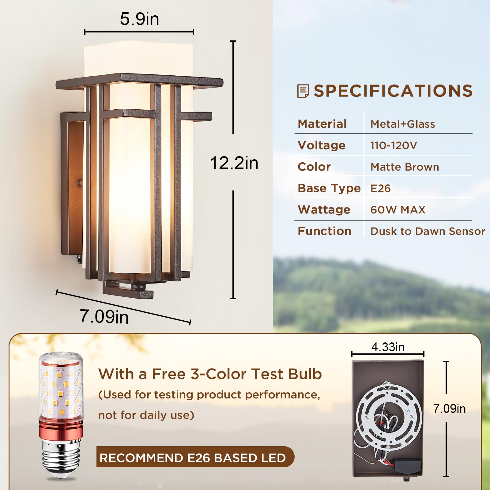 EERU Oil Rubbed Bronze Outdoor Sconce with Dusk to Dawn Sensor, 12.2in x 5.9in, Waterproof Frosted Glass Wall Lantern for Patio and Garage