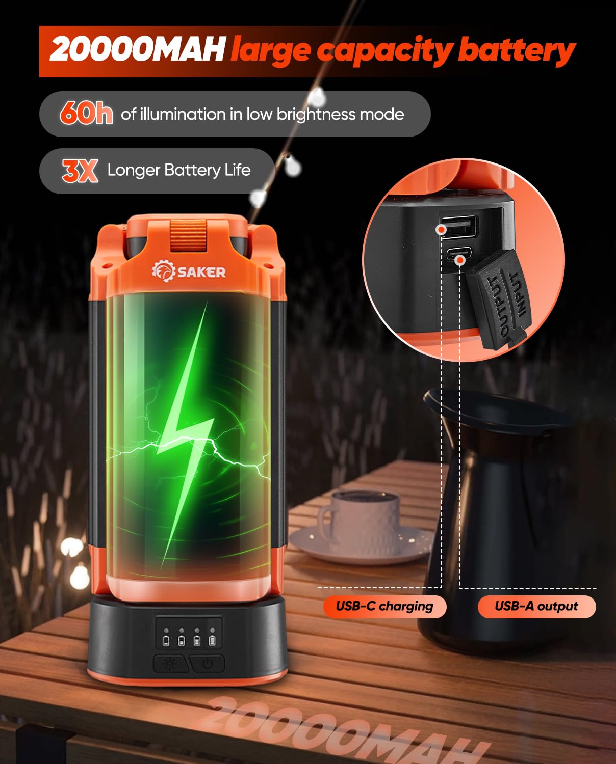 Saker Portable Camping Light LD18 - 20000mAh Rechargeable, 800/3200 Lumen, 73inch Stand, Orange - Ideal for Camping, Garage, and Emergencies