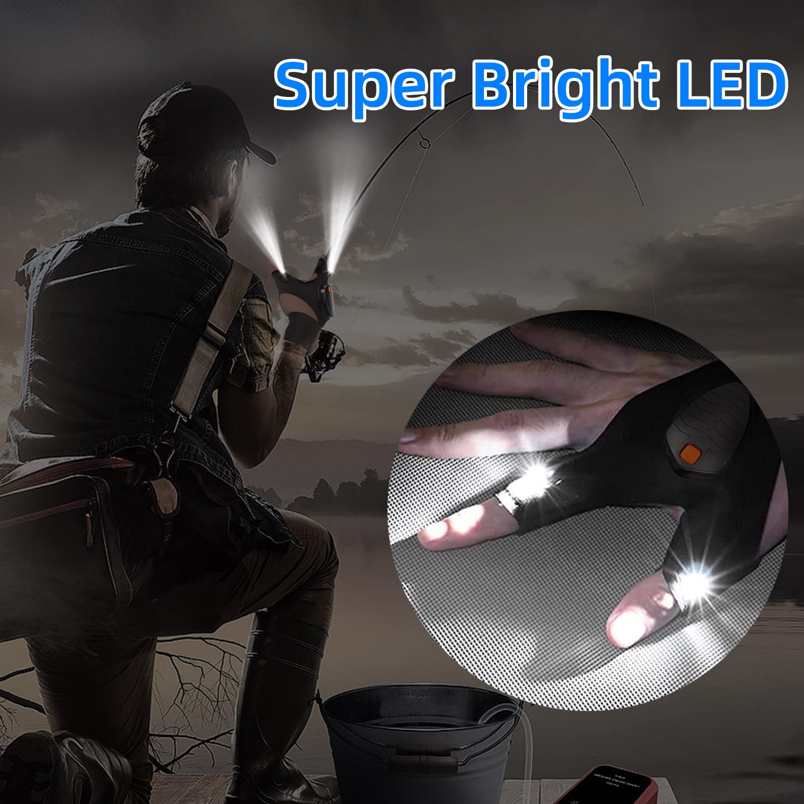 Apicey Rechargeable LED Flashlight Gloves for Fishing Camping - One Size - Black - Model APREFG001