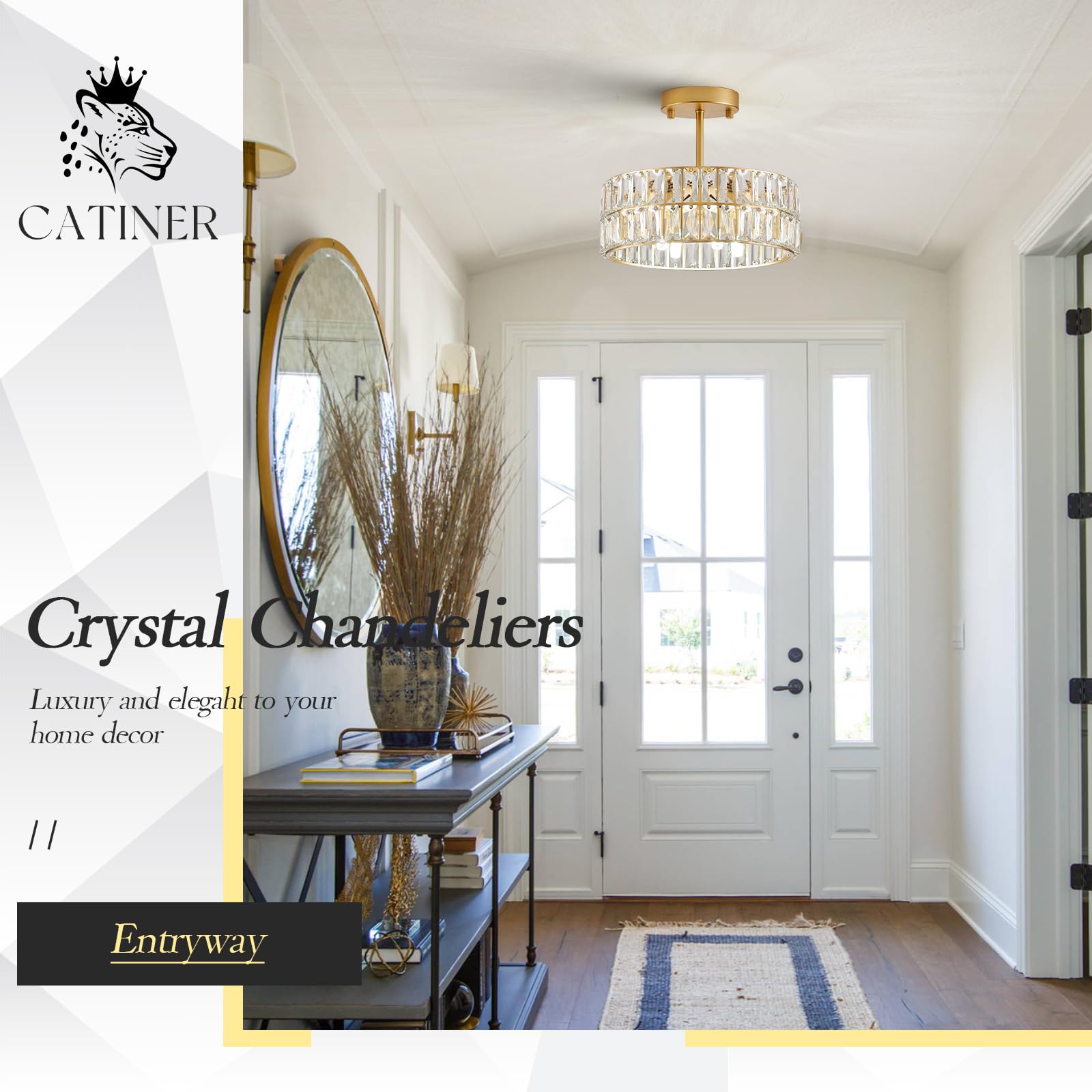 CATINER Gold Crystal Semi Flush Mount Chandelier, 4-Light Drum Pendant Light, 12" for Foyer, Kitchen, Dining Room, Model C80-4G1