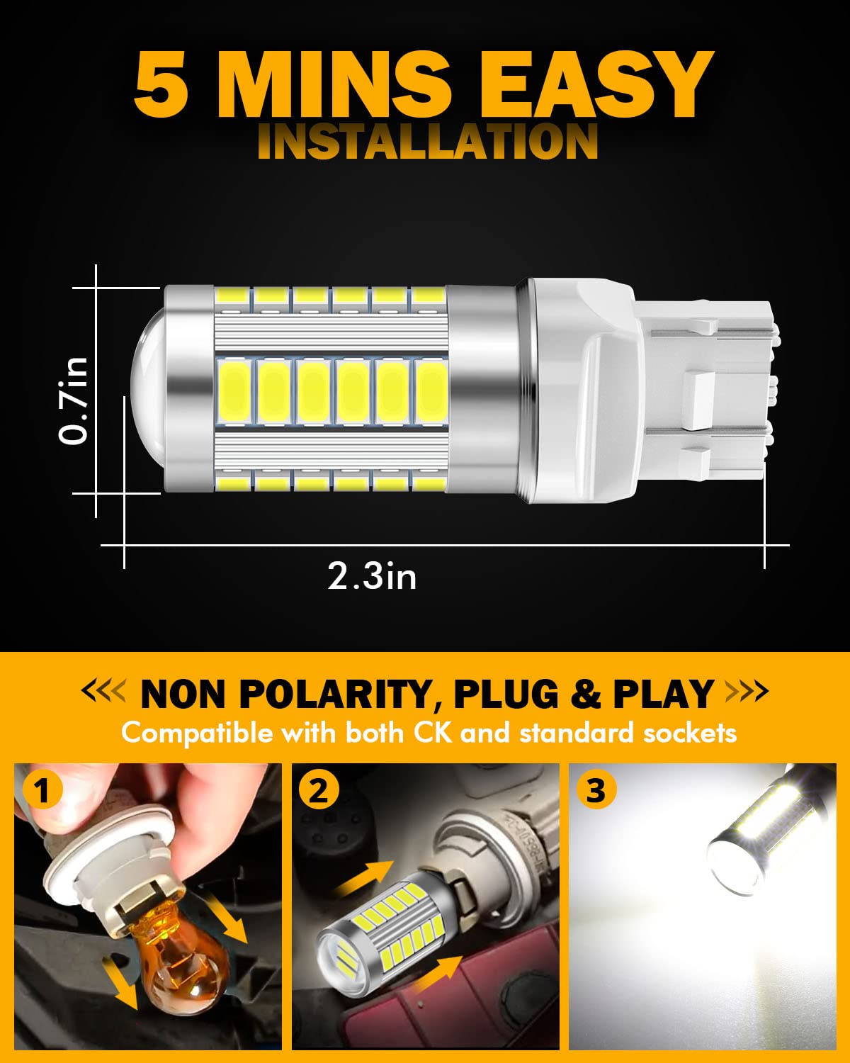 Auxbeam 7443 Reverse Light Bulbs, 6500K White LED, 33-SMD Chips, T20 Size, Pack of 2