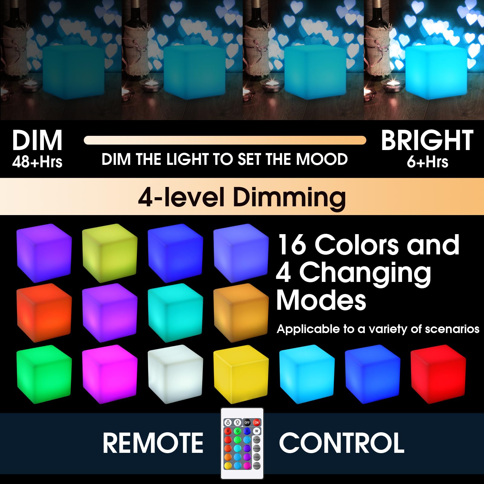 Frienda LED Mood Lamp - 4 Pcs Waterproof Light Up Cubes, 16 Colors, 6 Inch, White - Perfect for Nursery, Home, Patio, Party Decor