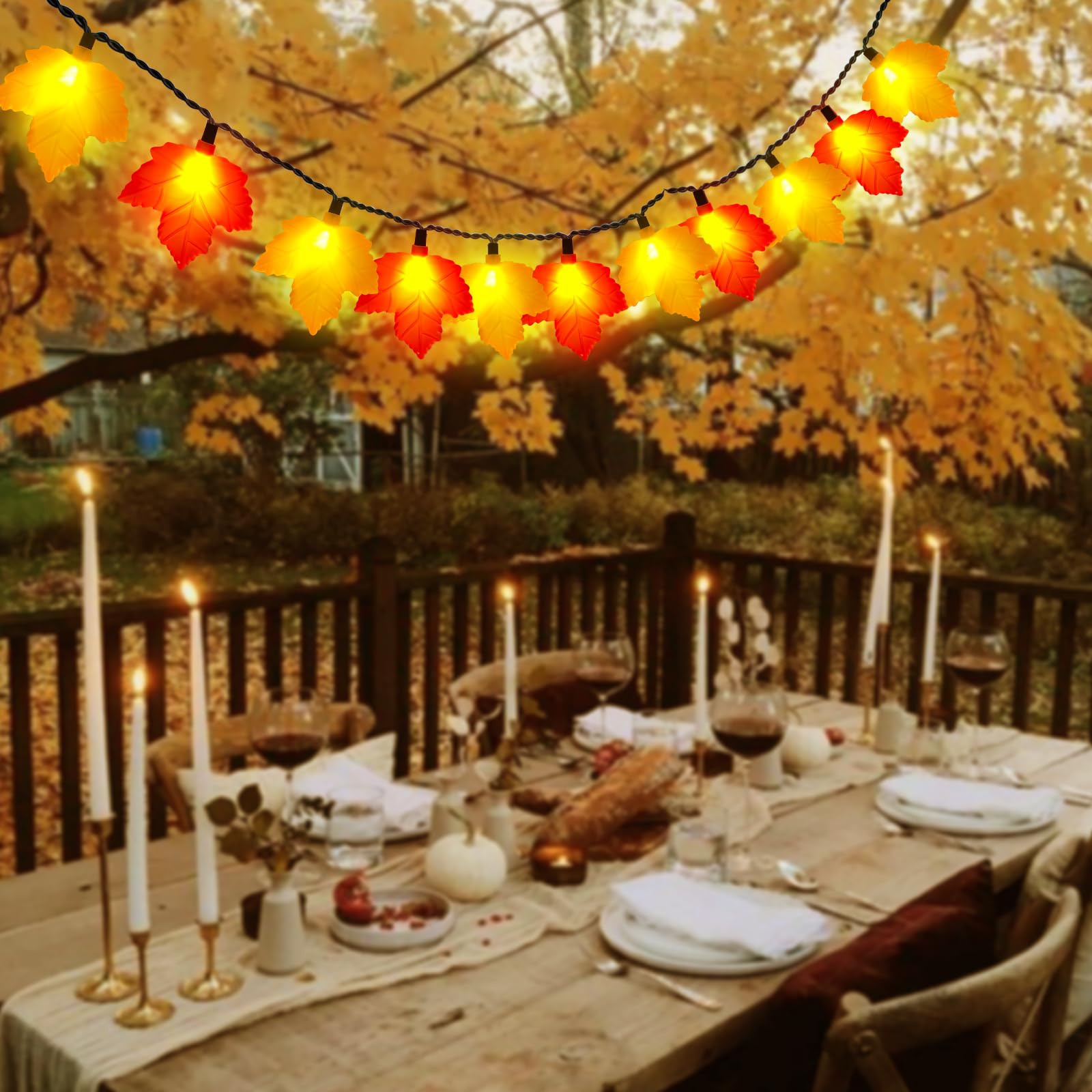 Abeja Fall Maple Leaf Lights  8.5Ft Led Leaf String Lights With 10 3D Orange Yellow Leaves  Indoor Outdoor Fall Lights For Bedroom Thanksgiving Party Garden Patio