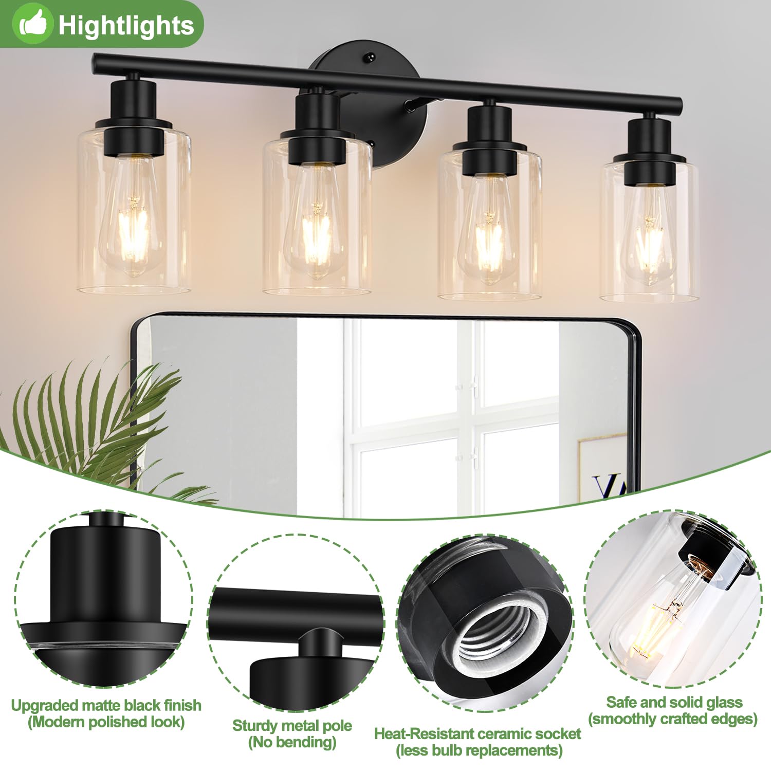 4-Light Bathroom Light Fixtures, Matte Black Modern Vanity Lights Over Mirror With Clear Glass Shade, Bathroom Wall Lamp For Mir