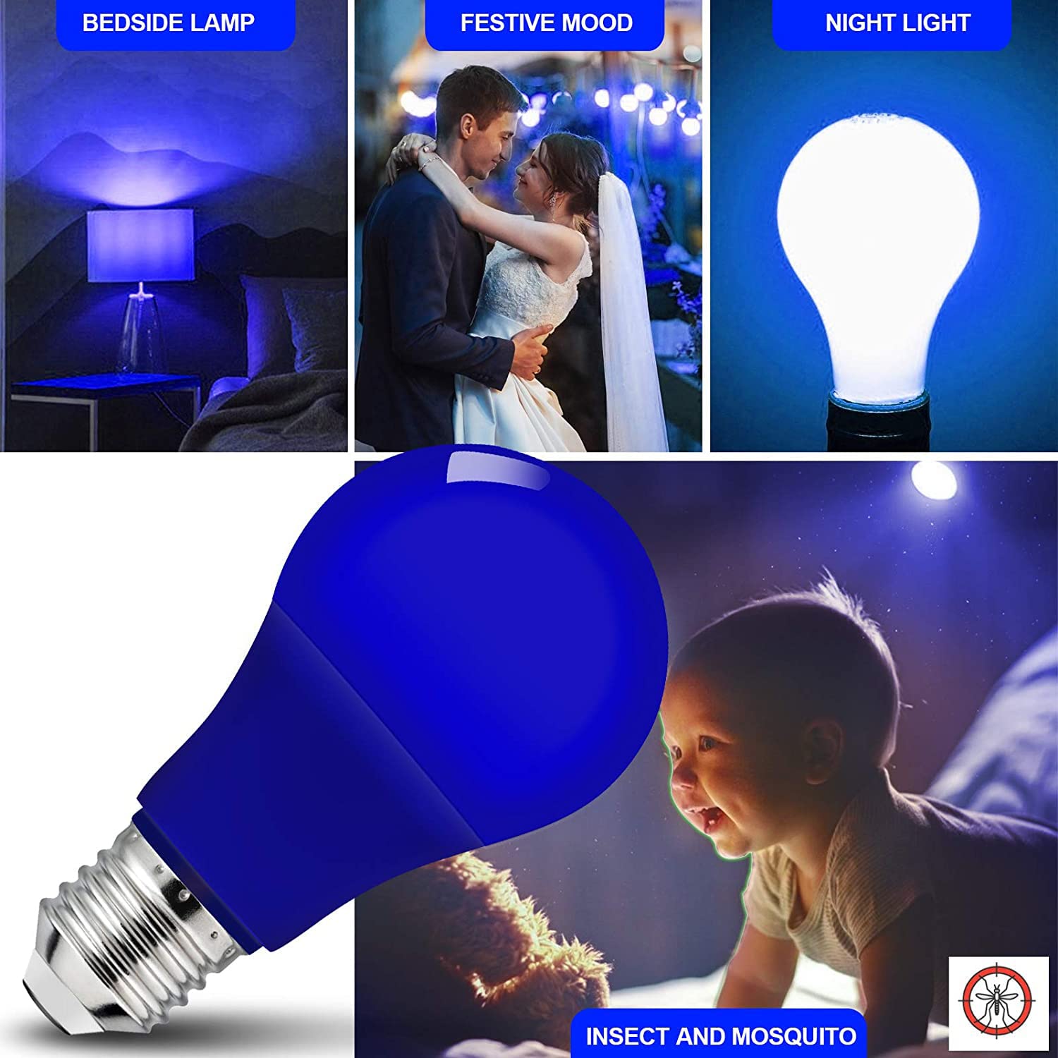 U4GLORY LED Blue Light Bulb, A19 E26, 9W (60W Equivalent), 4 Pack, Plastic, Blue