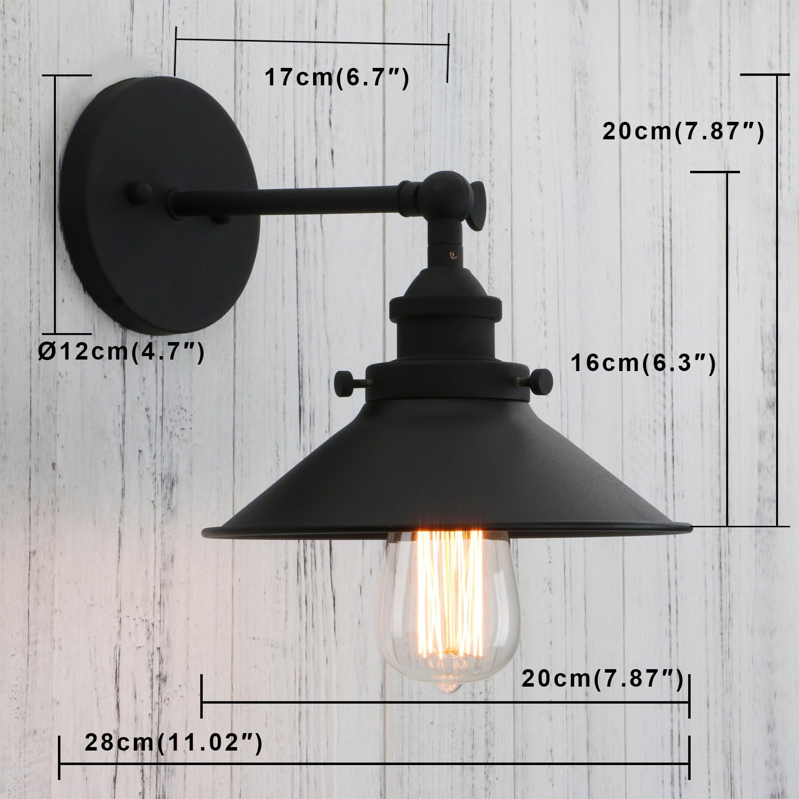 Permo Vintage Industrial Metal Wall Sconce Lighting 180 Degree Adjustable Wall Lamp (Black)