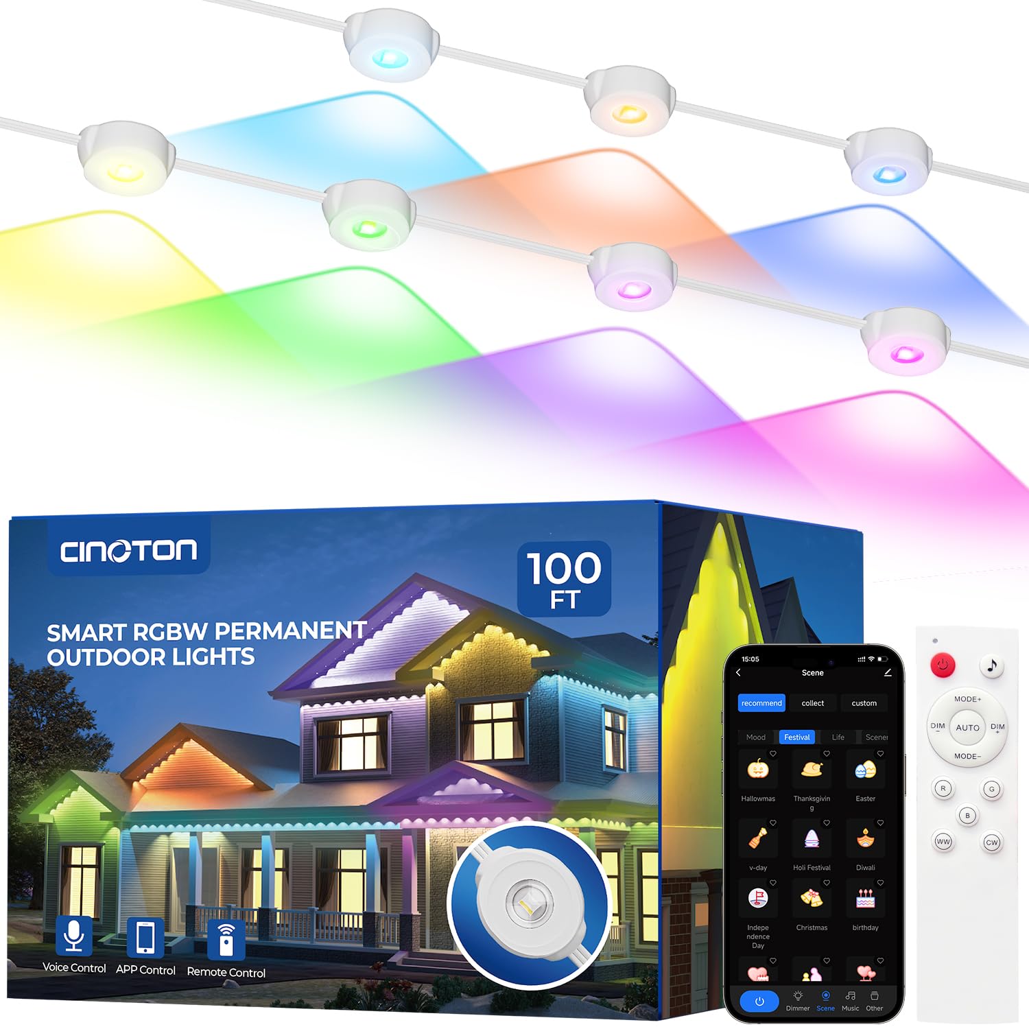 Cinoton Permanent Outdoor Lights Pro 100Ft  Smart Rgbcw Eaves Lights With 60 Leds  Ip67 Waterproof  111 Scene Modes For Daily And Festival  Halloween Christmas Holiday Decor  App/Voice/Remote Control