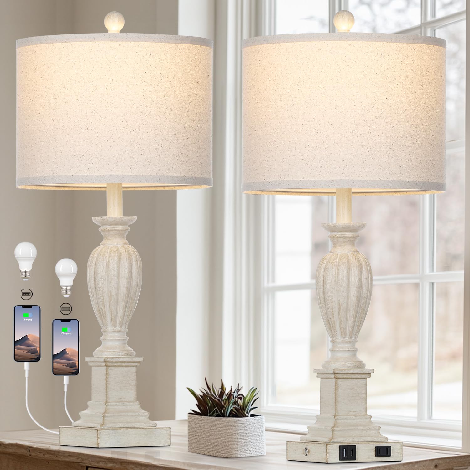 Cinyirong 27'' Farmhouse 3 Way Dimmable Touch Table Lamp Set Of 2 Rustic Classic Bedside Nightstand Wood Lamps For Living Room B