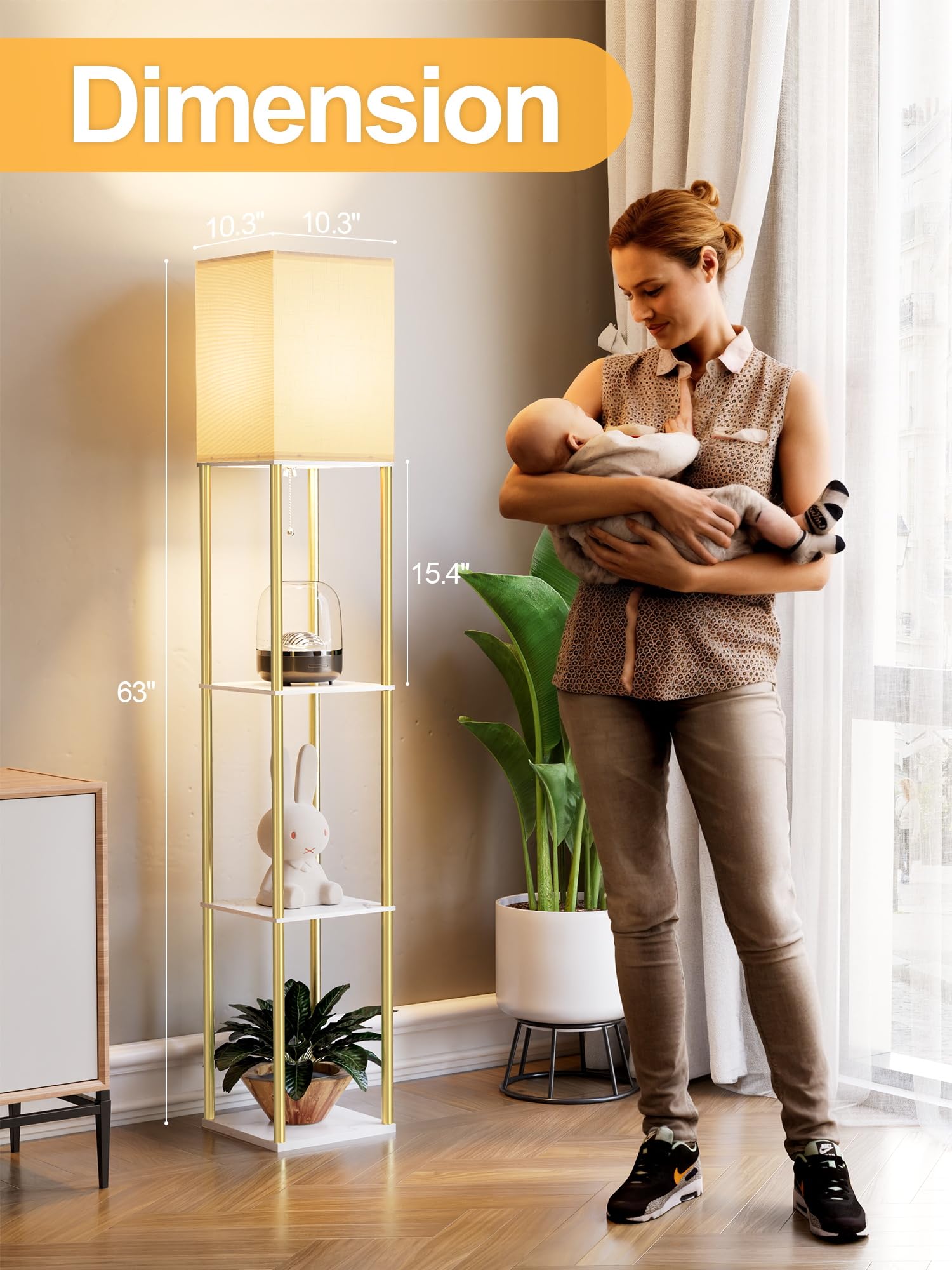 PARTPHONER Modern Floor Lamp with Shelves, White Linen Shade, Marble White and Gold, Model PAFP117AJ1