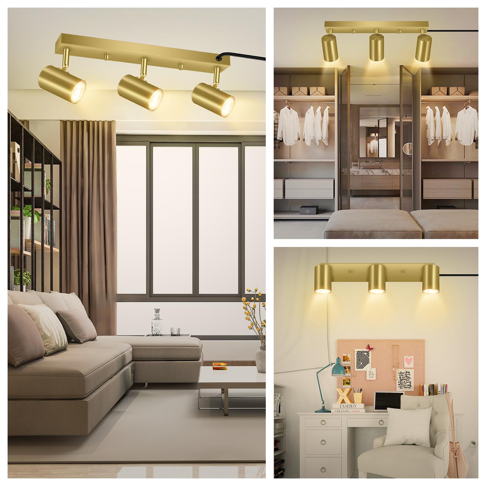 Auquee 3 Light Track Lighting Kit,Gold 3 Way Modern Plug In Ceiling Spotlight,Industrial Led Wall Light For Kitchen Cabinet Gall