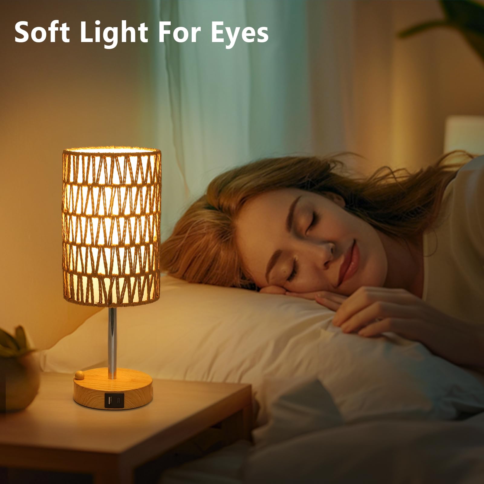 Eayaya Bedside Lamps Set Of 2 With Bulb, Touch Control Nightstand Lamp For Bedroom With Rattan & Linen Shade, 3 Way Dimmable Sma