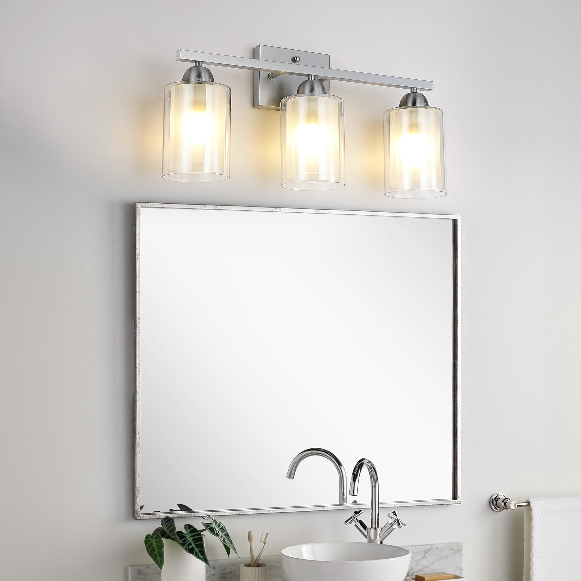 Mecgirn Stainless Steel Bathroom Vanity Light, 3 Light Brushed Nickel, Milk and Clear Glass Shades, Model B0007-3