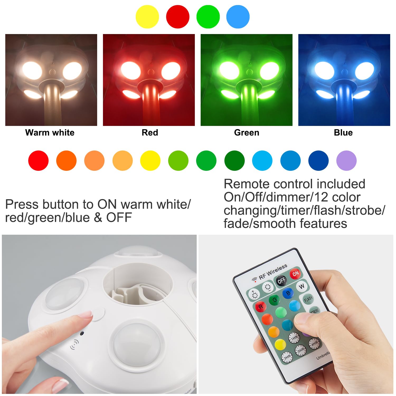 BIGMONAT Battery Operated Patio Umbrella Light, Outdoor LED Table Umbrella Lights with Remote, 12 Color Changing Umbrella Pole L