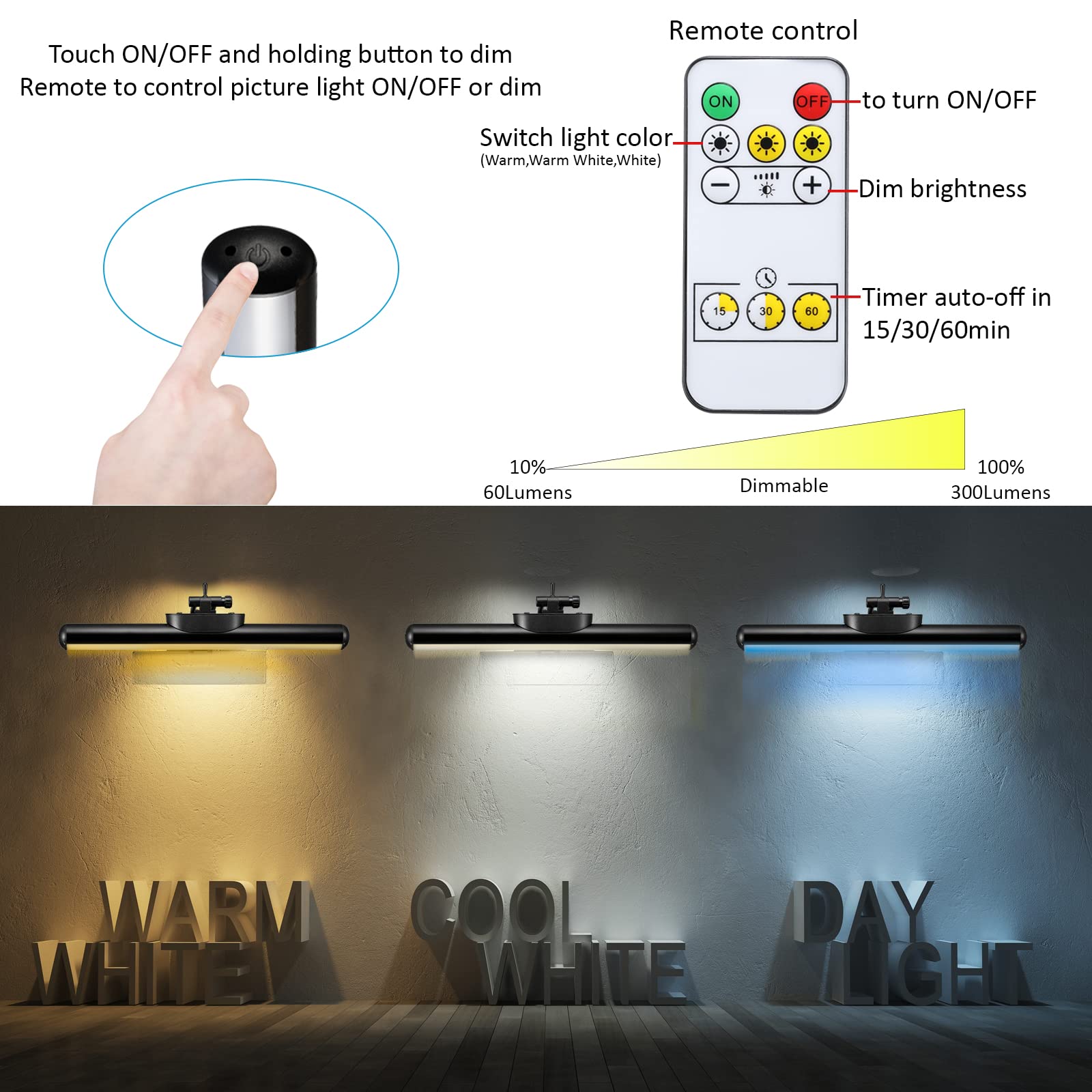 VIGMOJ Wireless LED Picture Light with Remote, 300LM Brightness, Black, Model J03-huadeng, Rechargeable Battery for Art Display