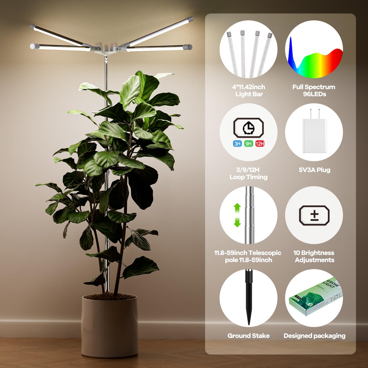 Yuymika Plant Grow Light With 4 Adjustable Light Strips- 96Led Grow Light For Indoor Plants With Full Spectrum Mode, 11.8~59 Inch Height Adjustable And 3/9/12H Timer, 5V3A Us Plug Included