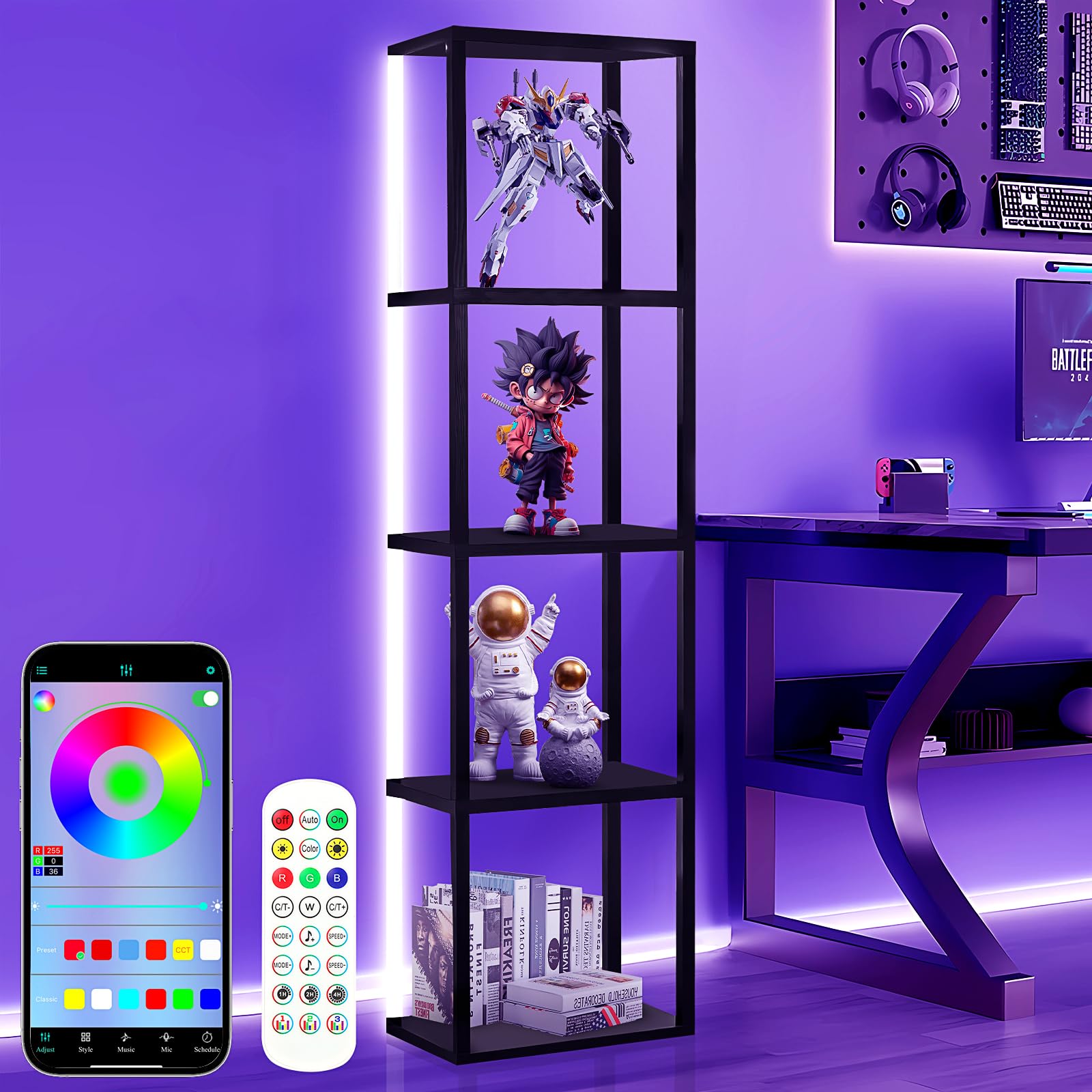 Caupel 5 Tiers Corner Shelf With Led Light, 63.78'' Tall Display Shelf For Collectibles, Led Corner Floor Lamp With App And Remo