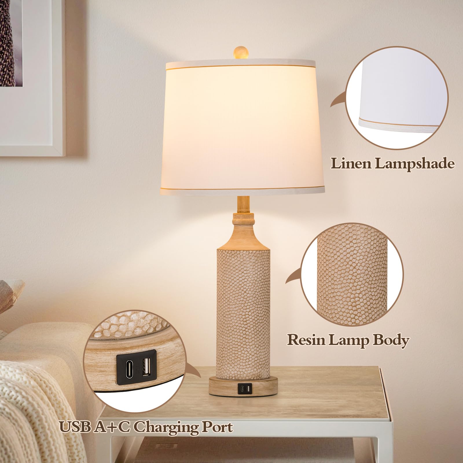AIDENOEY 3-Way Dimmable Touch Control Table Lamp Set of 2, 27.5" Vintage Washed White Resin, USB A+C Ports, Medium Size for Home