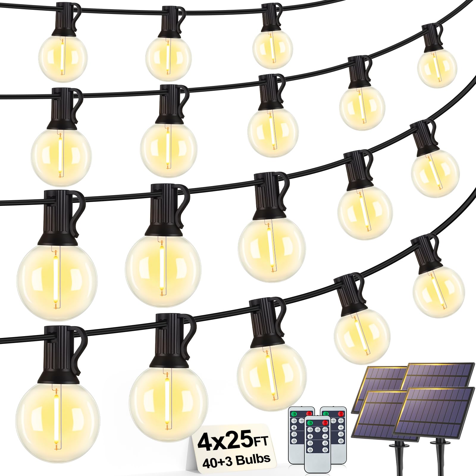 Larkvue Solar String Lights, 100FT, Waterproof, Dimmable 3 Modes, 40+3 LED G40 Bulbs, Black, Model GLS-18J2P-G40