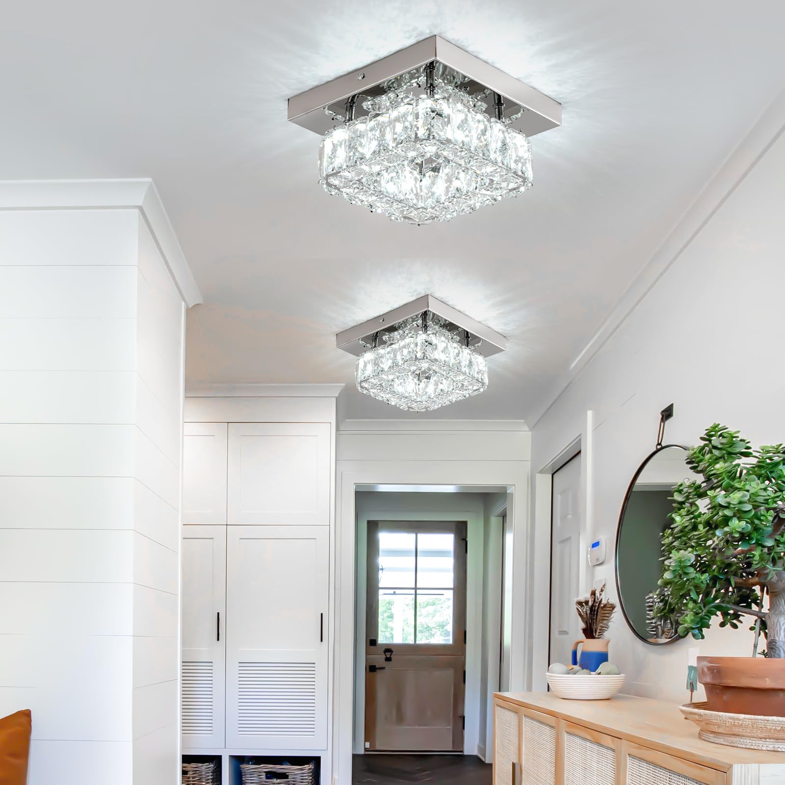 LEONTYNE Mini Modern Crystal Chandelier - 7.9" Flush Mount Ceiling Light, Cool White LED Fixture for Hallway, Foyer, Bedroom, Dining Room