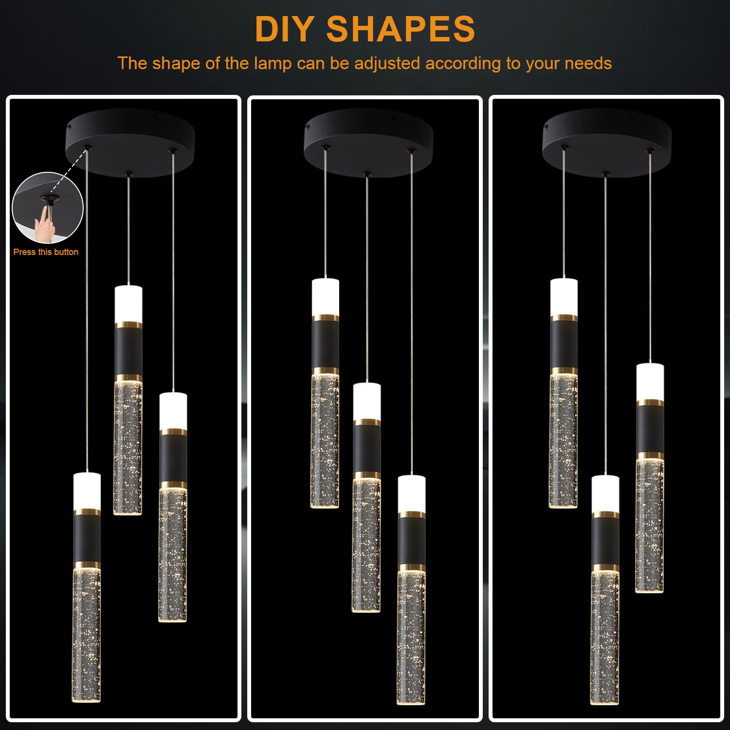 EMBRING 3-Light Modern Pendant Light for Kitchen Island Led Pendant Light Fixture Dimmable with Remote Control Black Gold Mini P