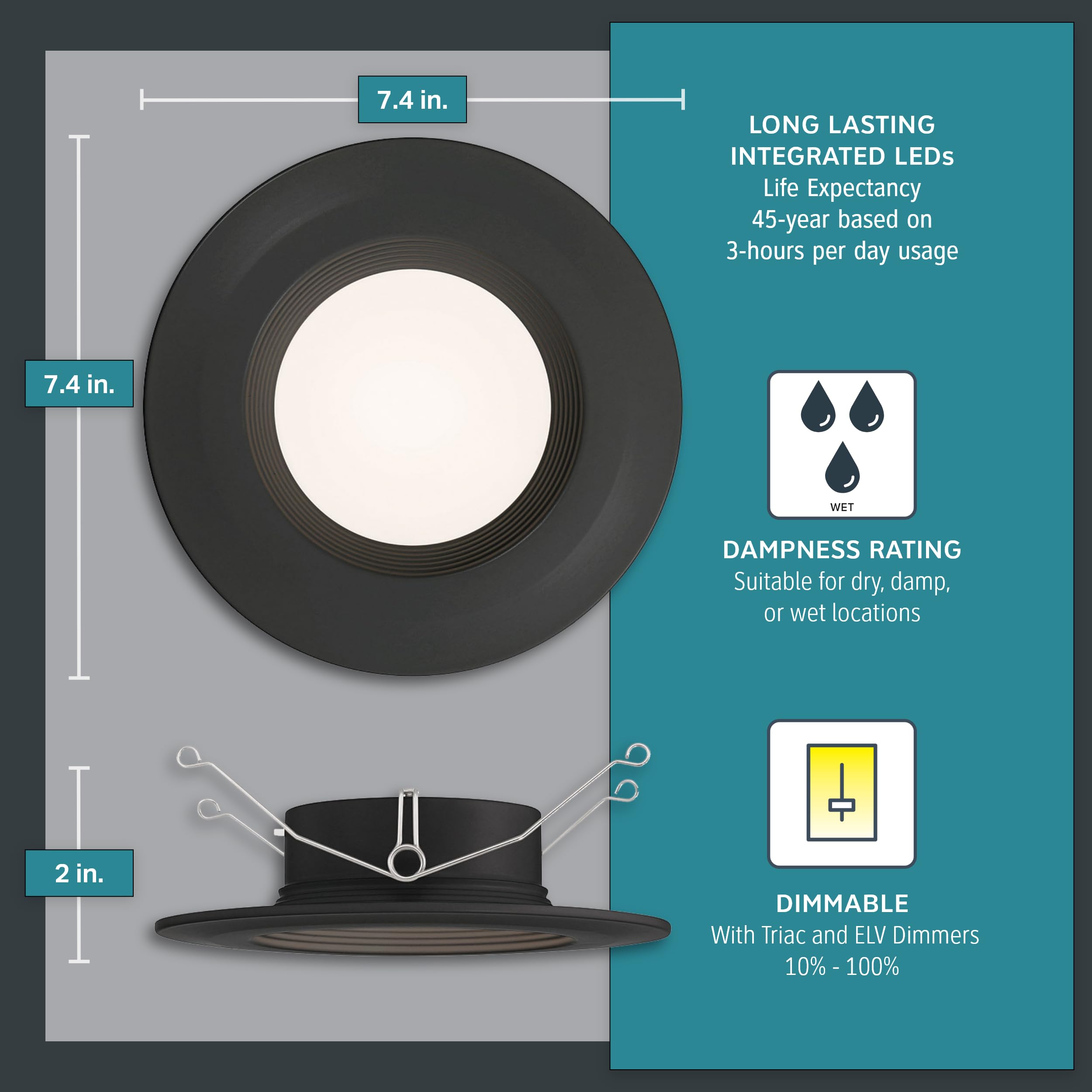 DESIGNERS FOUNTAIN LED Recessed Ceiling Lights, 6 Pack, 5"/6", Dimmable, 1050 Lumens, Black Baffle Trim, Model RB6BK