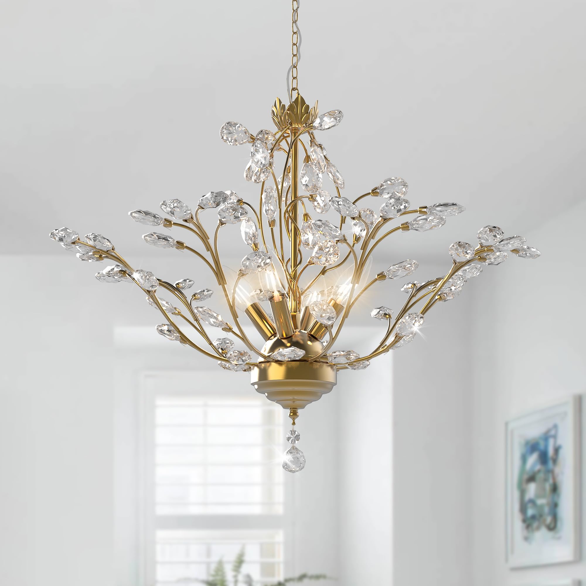 Maxax Vintage Crystal Branch Chandeliers, 4-Light Adjustable K9 Crystal Pendant Hanging Lighting Ceiling Light Fixtures Chandeli