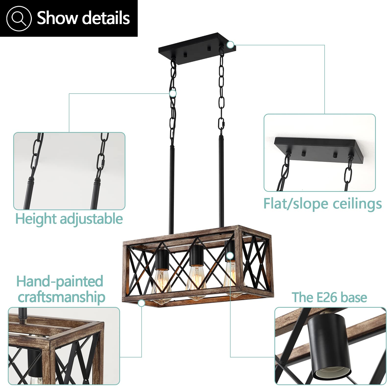 Keesfu Farmhouse Kitchen Island Lighting, 3 Lights Pendant Lighting Fixtures, Adjustable Height, Industrial Dining Room Light For Living Room Foyer Dining Table Over Sink. (Wood Grain Color)