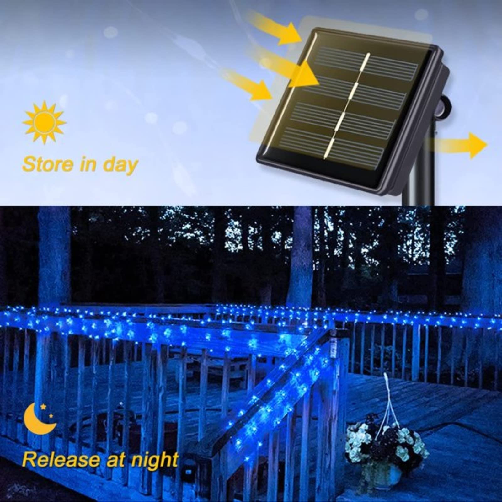 Qitong 200 Led Blue Solar Fairy Lights - 66Ft Silver Wire String Lights For Outdoor Decoration