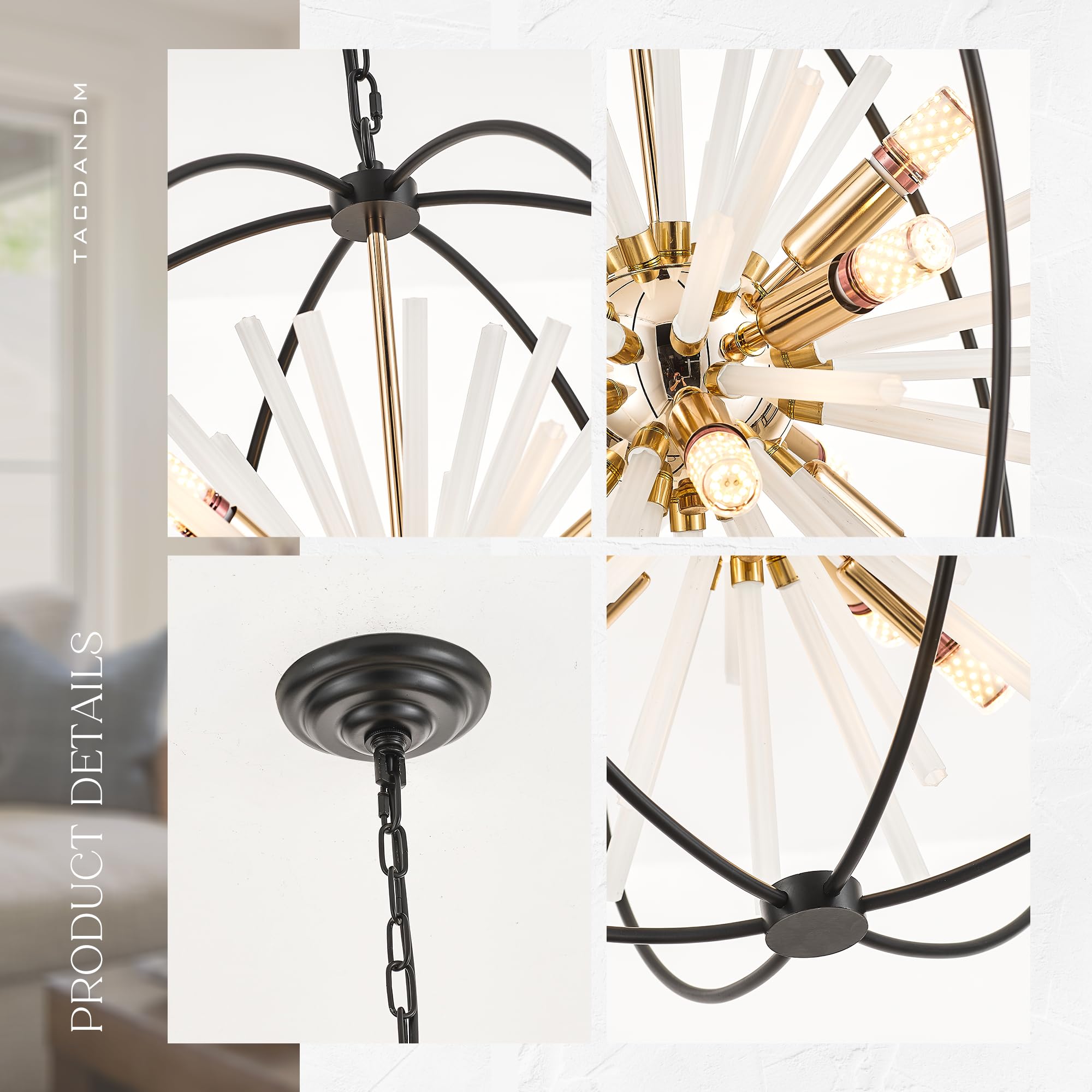 Tacdandm 23.6'' Black Gold 12-Light Globe Sputnik Chandelier Modern Adjustable Hanging Ceiling Glass Tube Pendant Light Fixture