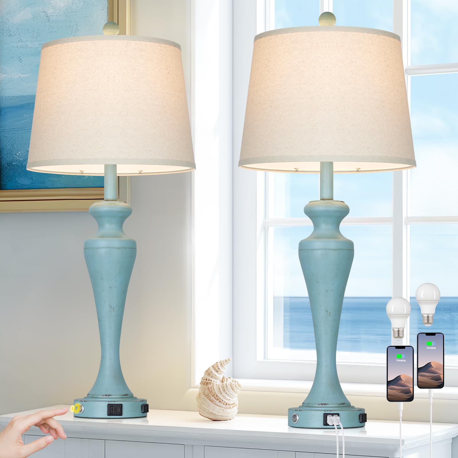 luxeflow 30 Blue Table Lamps Set of 2  Touch Control Coastal Living Room Lamp with USB A+C Ports and AC Outlet  3-Way Bedside Lamps for Nightstand  Vintage Farmhouse Bedroom Lamp  2 Bulbs Included
