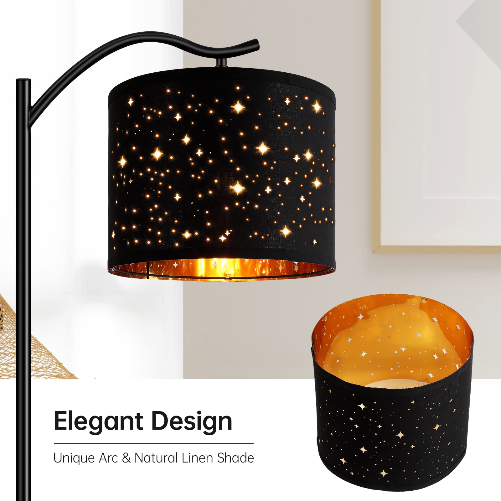 BoostArea Arched Floor Lamp - 8W LED, Metal, Black, Bohemian Linen Shade, Footswitch, Modern Standing Lamp for Living Room & Office