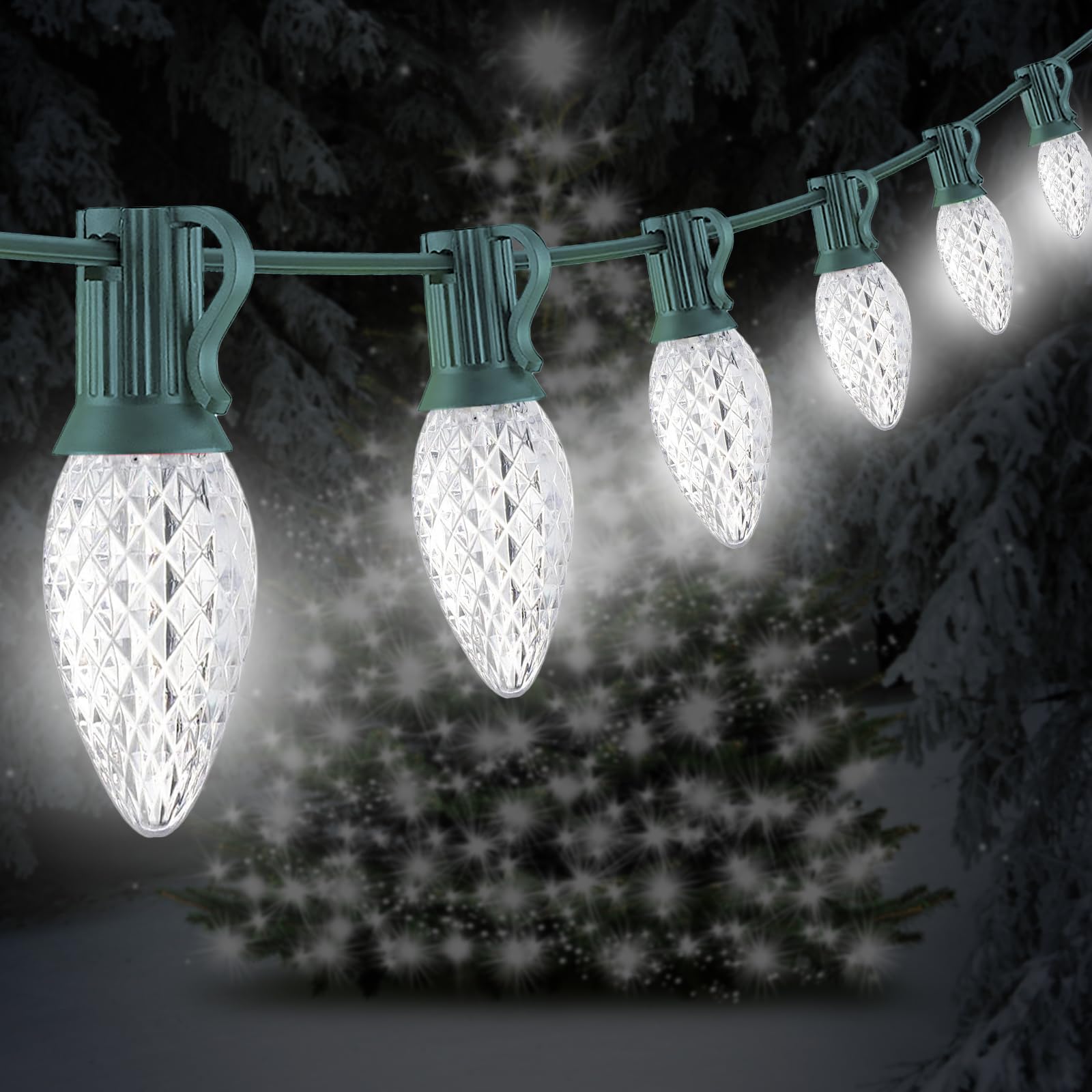 CHYParty 25FT C7 Christmas Lights Outdoor, Bright SMD LED String Lights with 25 7000K Cool White Bulbs for Roof, Fence, Winter I