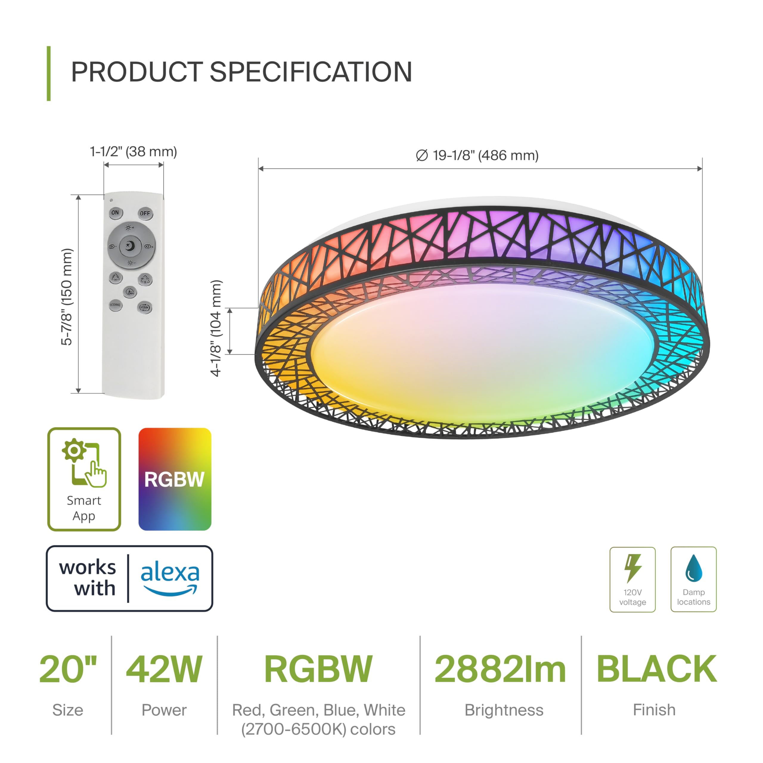 ASD Smart RGBW Flush Mount Ceiling Light 20 Inch, 42W, Dimmable, WiFi Control, Matte Black, Model A-LFM20D42SRGBW-B