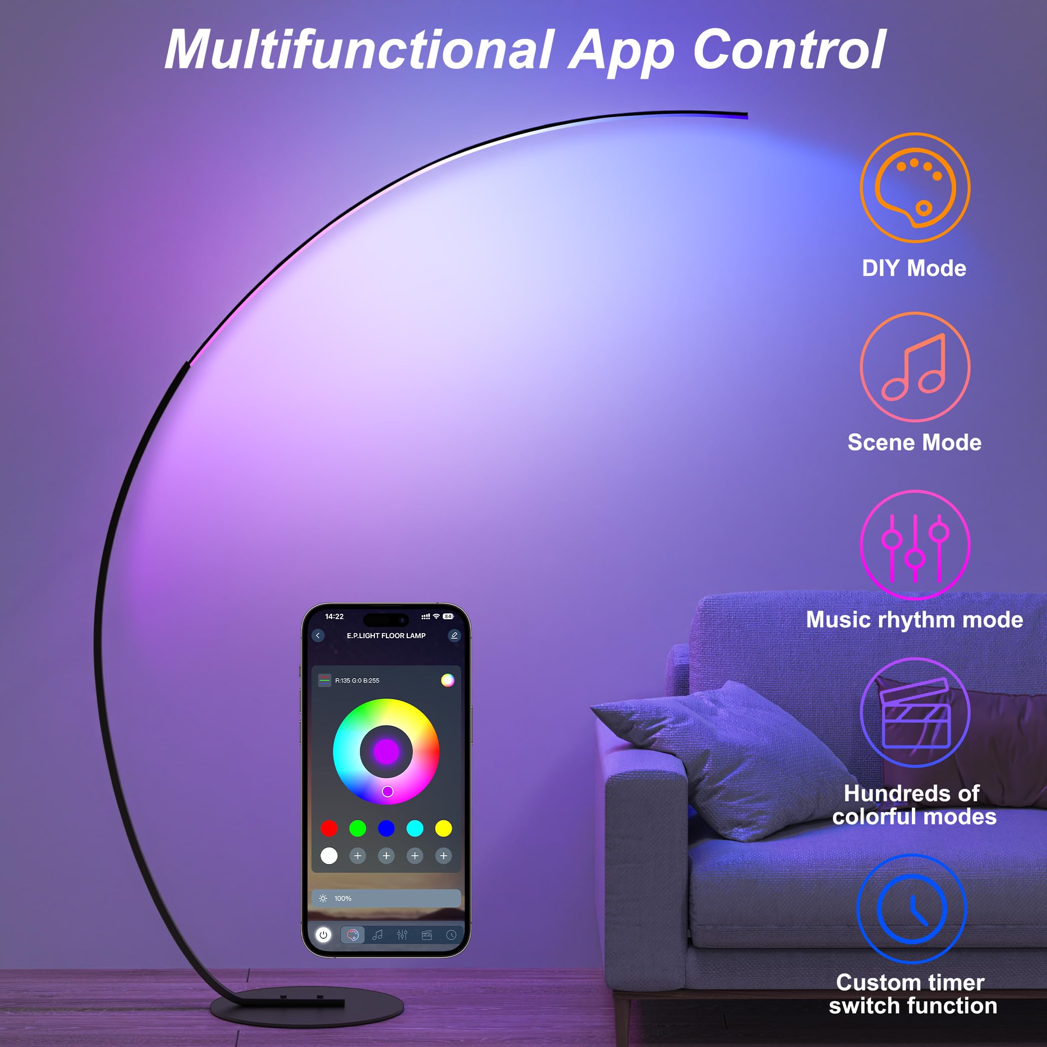 E.P. Light Rgbw Modern 69.99 Inch Arched Standing Reading Floor Lamp With Remote - Dimmable Black Led Color Changing Curved Ambient Lighting For Bedroom And Living Room