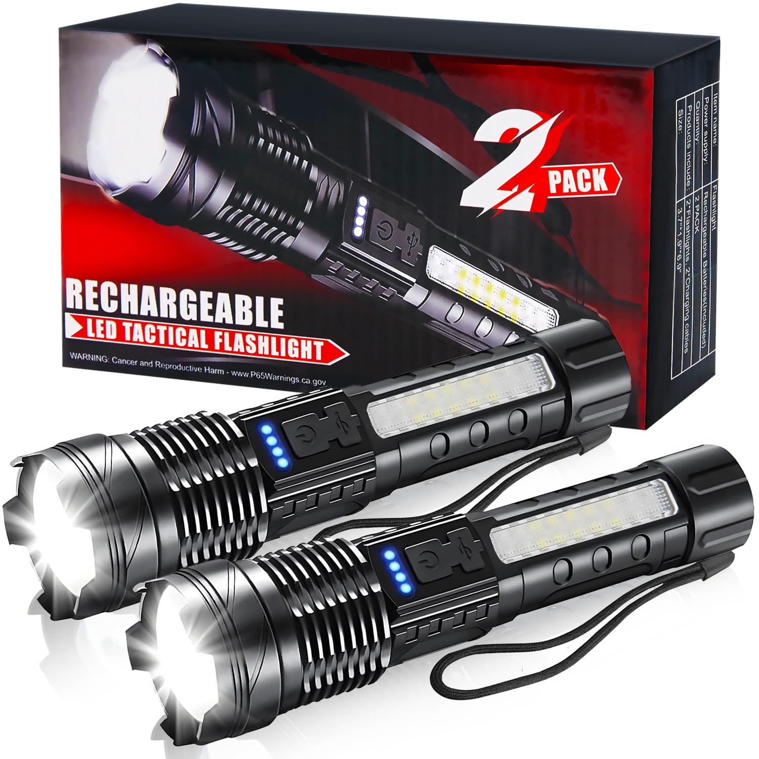 2 Pack LED Rechargeable Flashlights, 90,000 High Lumens Super Bright Flash Light, 7 Modes with COB Light, IPX6 Waterproof, Adjus