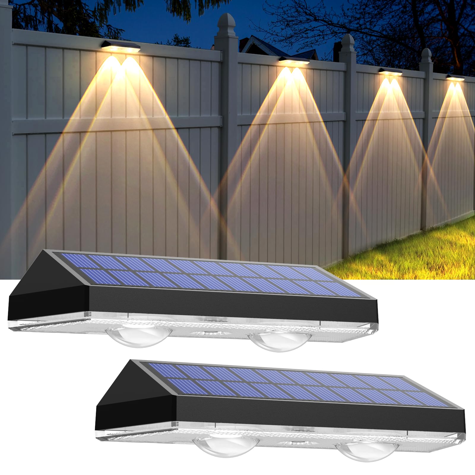 Solar Fence Lights - 2PK Solar Outdoor Light Warm White/Daylight White/Cold White 3 Modes Deck Lights for Outside  Deck Fences  Stair Railings  Pools and Walls