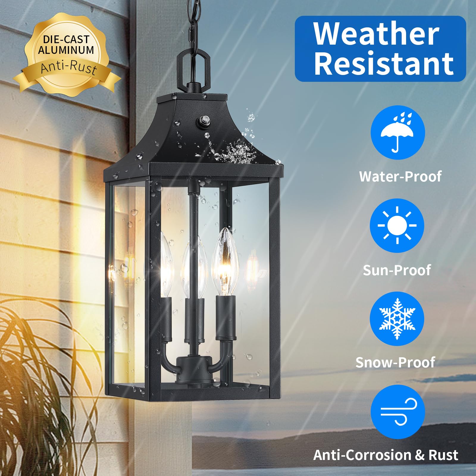 Large Outdoor Pendant Light Fixtures 3-Light, 15'' Dusk To Dawn Exterior Hanging Lantern Porch Light Adjustable, Black Hanging Lamp Farmhouse Exterior Chandelier Ceiling Mount For Entrance Patio