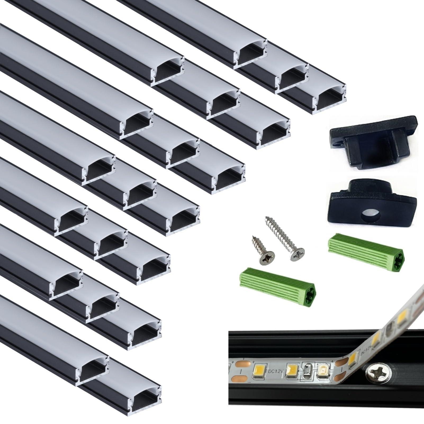 THMOOTHER 20-Pack 3.28FT Pre-Drilled Countersunk Hole LED Strip U Channel Diffuser, Matte Black Flush Mounted Under Cabinet Tape Light Aluminum Low Profile with Milky Cover (20, 3.28FT)