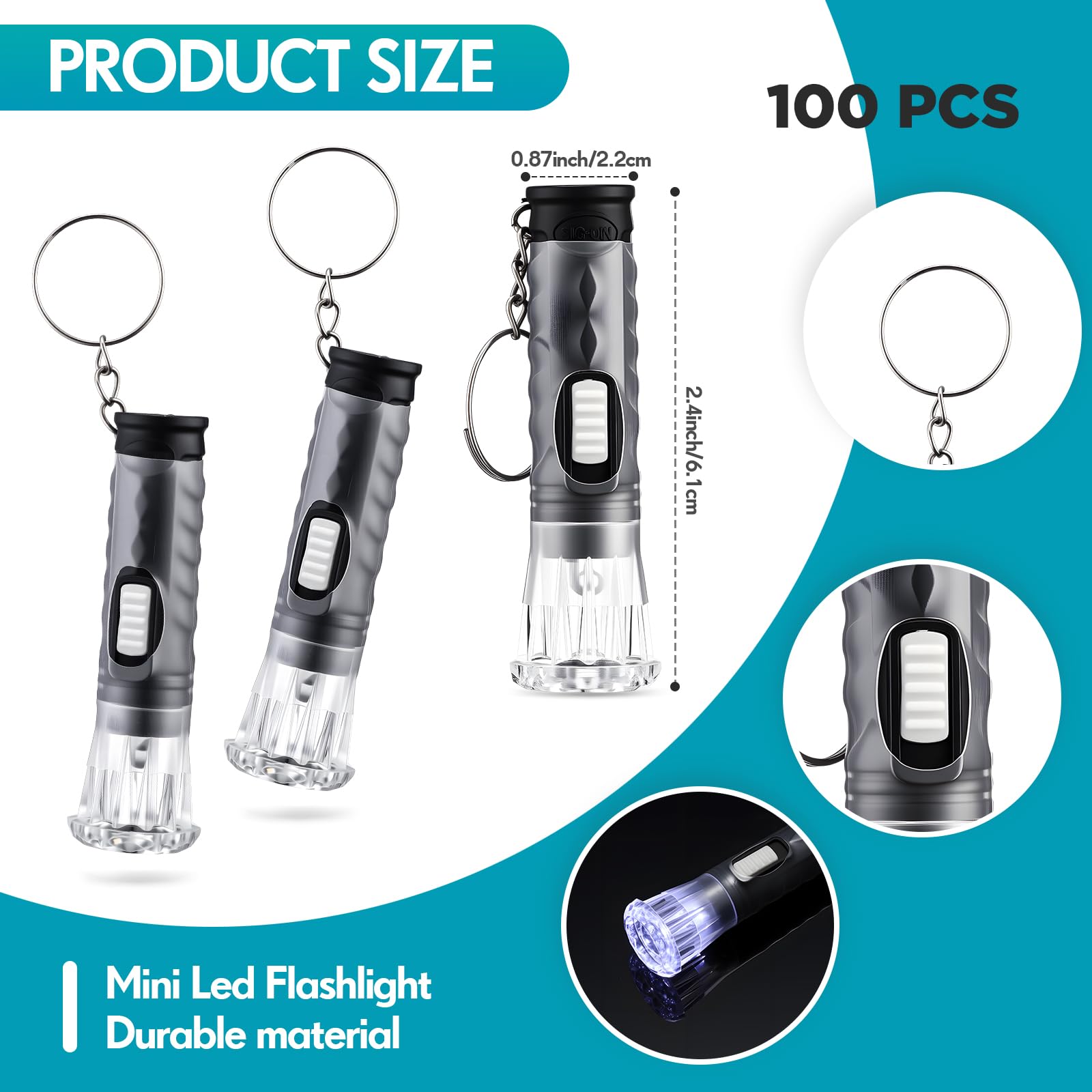 Jexine Mini Flashlight Keychain - 100 Pcs Assorted Colors, LED, Small, Black, Model BW-Jexine-4004, Perfect for Hiking and Parties
