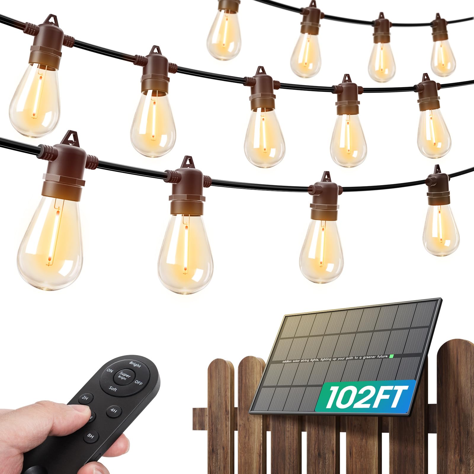 addlon Solar String Lights Outdoor 102FT with 6W Panel, USB Charging, Remote Control, Waterproof, Black, Dimmable LED Bulbs