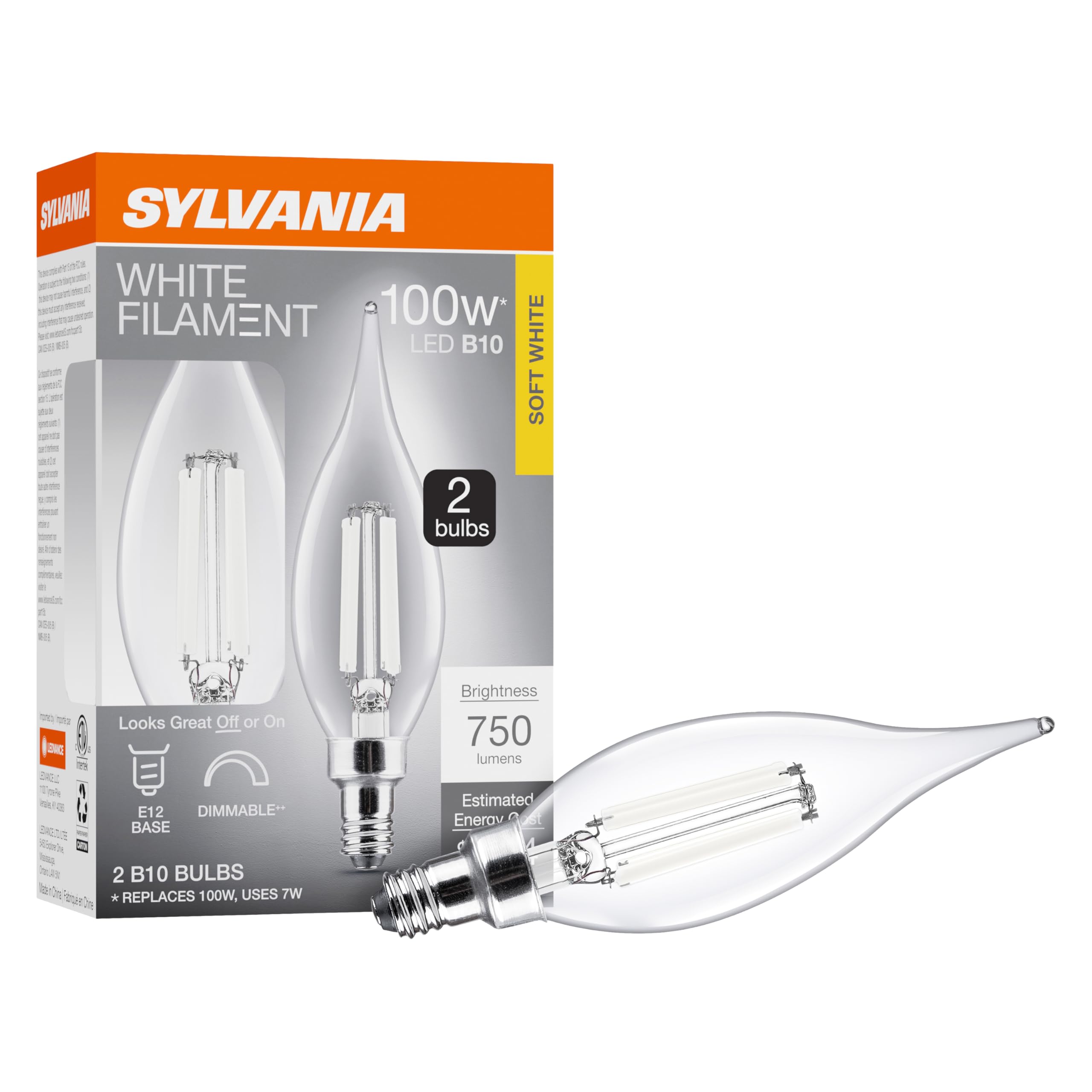 Sylvania B10 Clear Led White Filament Bulb, 7W, Dimmable, 750 Lms, Candelabra Base, 2700K, Soft White - 2 Pack (42262)