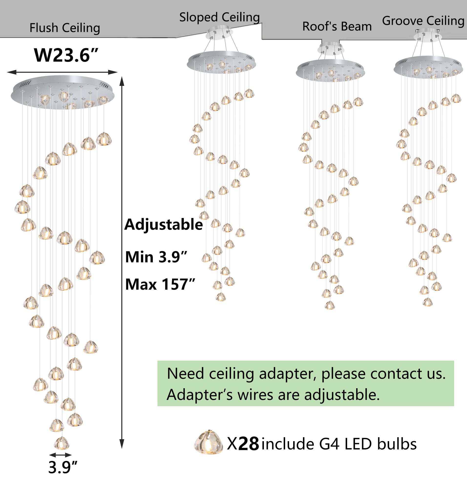 HAIXIANG 13ft LED Chandelier - Dimmable Pendant Lighting for High Ceilings, Mirror Chrome, 28 Lights, Model MMQ9025