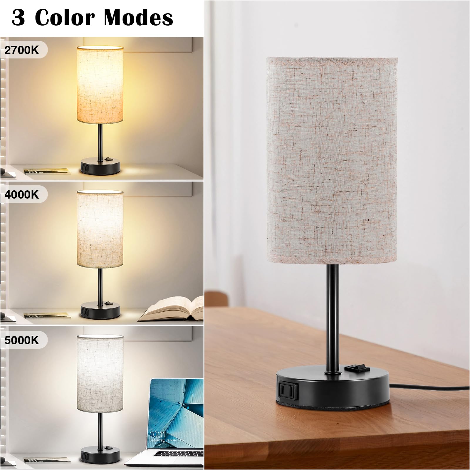 Zjojo 3-Way Dimmable Table Lamps Set Of 2 With Ac Outlet, Flaxen Shade & Black Base For