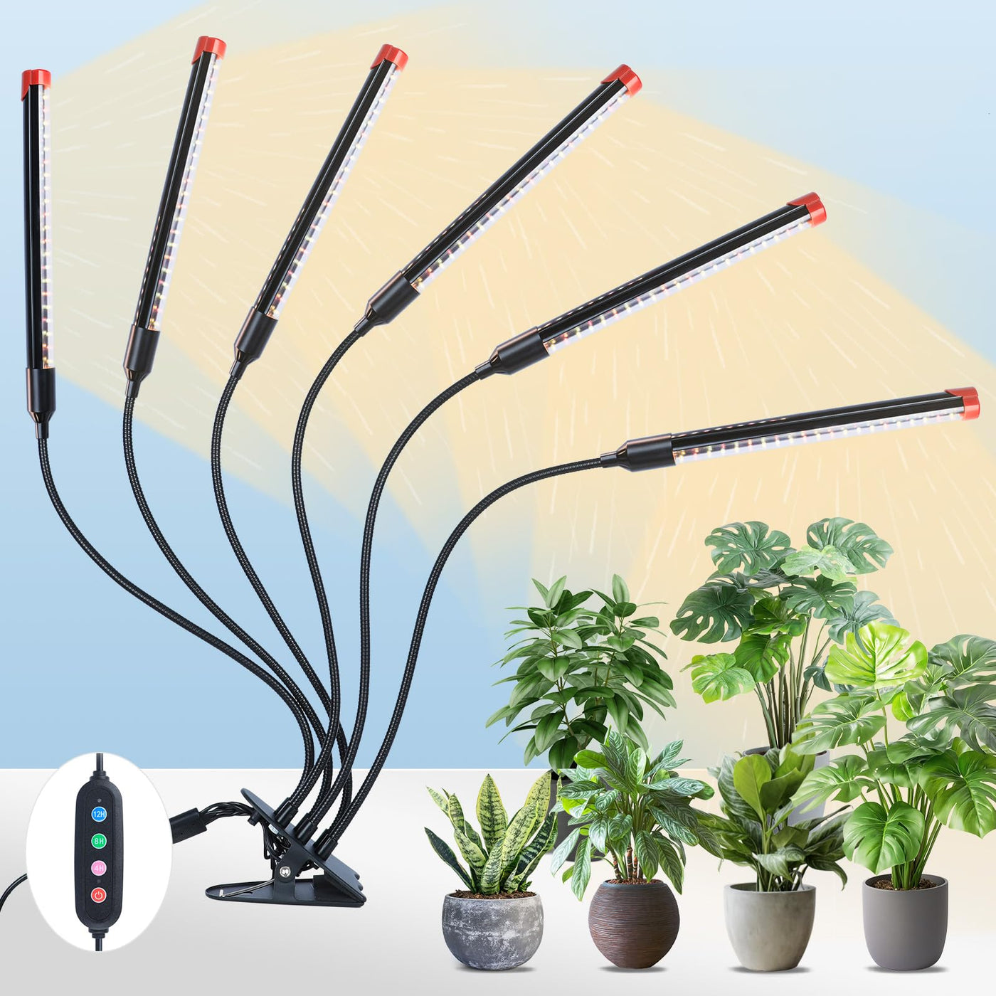 best grow light for 6 plants FECiDA 54W Clip Grow Light with Timer, 6-Head LED Plant Lamp for Indoor Plants, Black, Model ZH_GL_RH