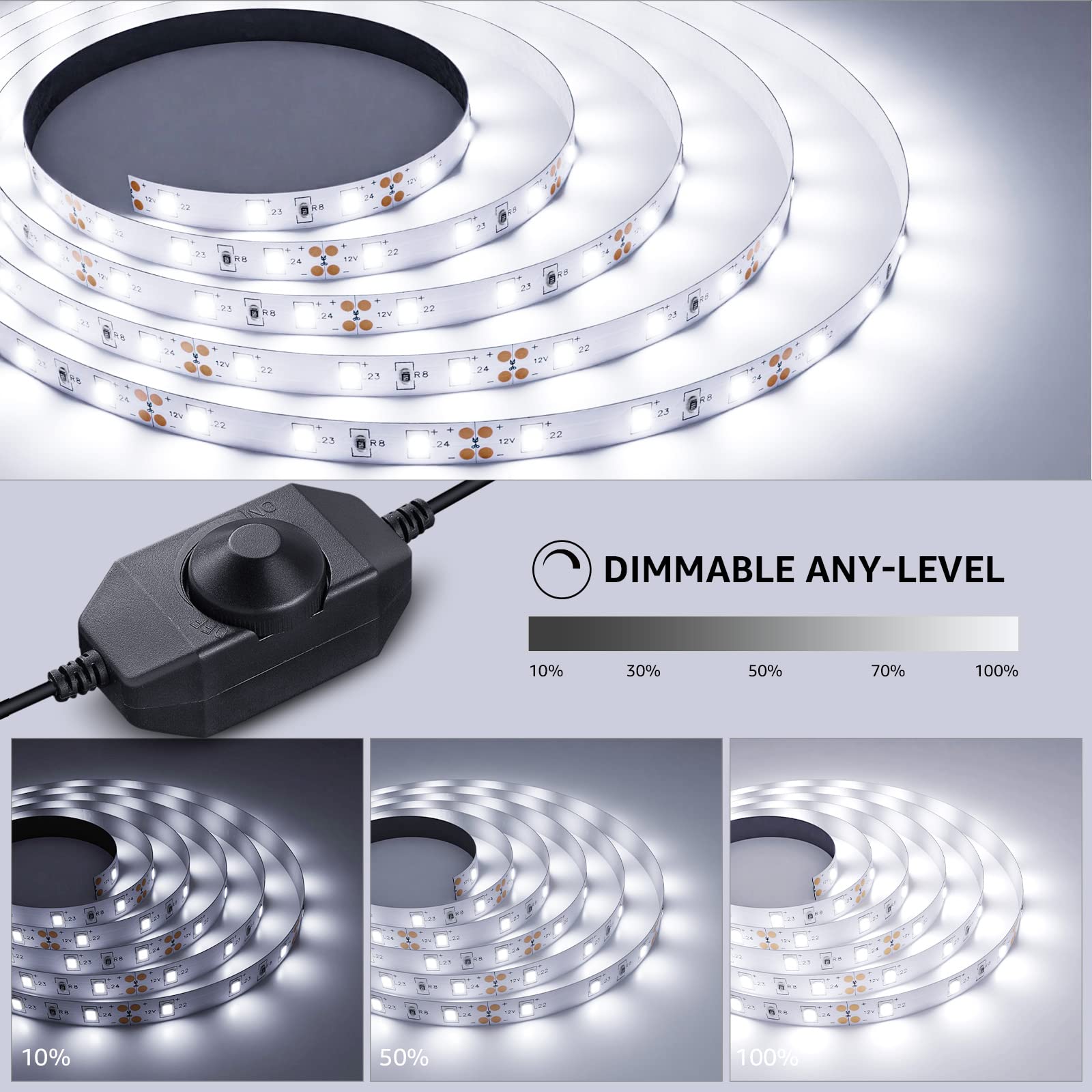 Lepro LED Strip Light, 16.4ft Dimmable 6000K Tape Lights, 300 LEDs, Strong 3M Adhesive, White, Ideal for Home & Kitchen Lighting