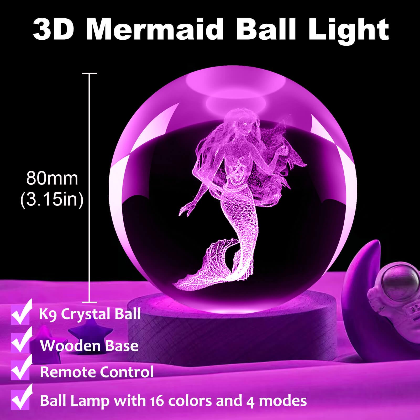 LINSINA Mermaid Lamp - 16 Colors Crystal Ball Night Light with Remote Control, 3.15in, Perfect Birthday Gift for Kids and Adults